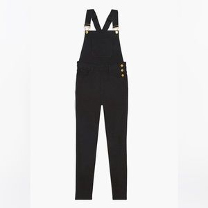 WeWoreWhat black high-rise skinny denim overalls with gold accents, worn once